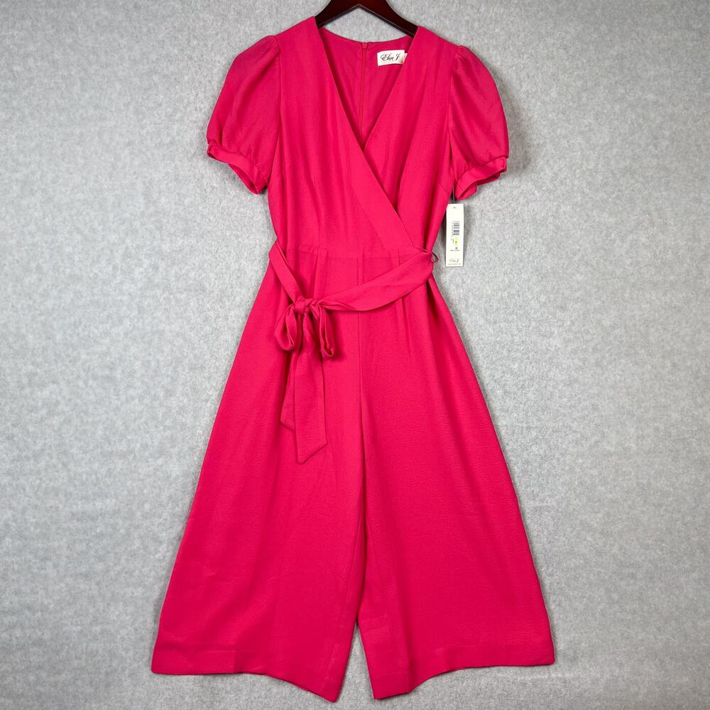 Eliza J Jumpsuit Size 4 Pink Short Puff Sleeve V Neck Crop Wide Leg